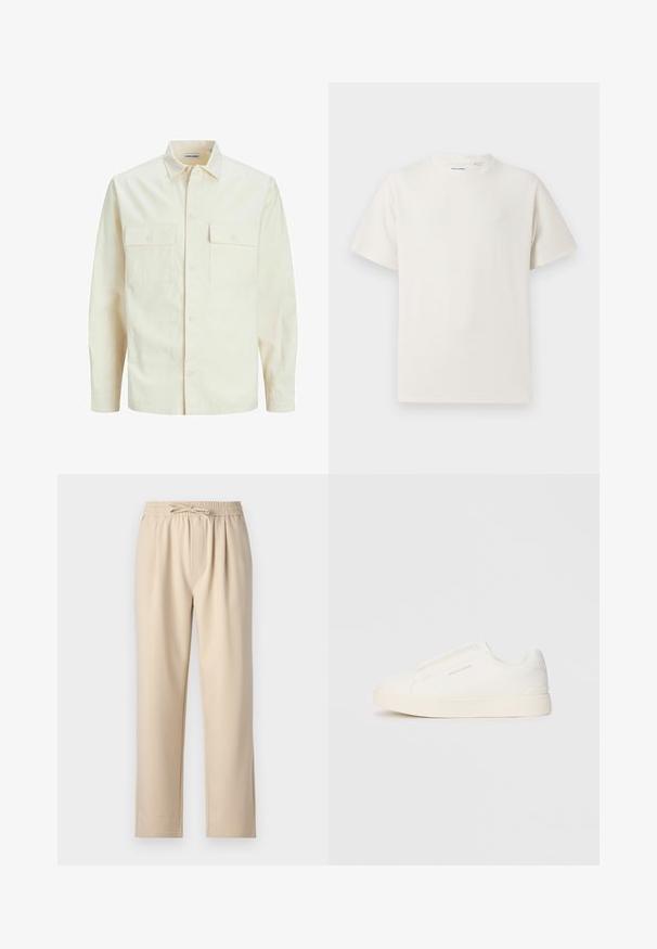 Vaaleanbeige pitkähihaisen paidan, jossa on kaulukset, kaksi etutaskua, nappikiinnitys ja tekstiilissä on tekstuuria.; Valkoinen lyhythihainen T-paita ribbikuviossa. Pyöreä kaula-aukko, rento istuvuus, ei näkyviä kuvioita tai yksityiskohtia. Yksinkertainen ja monikäyttöinen muotoilu.; Beige housut, joissa on joustavyysvyötärö ja nyöri, suora lahkeiden muotoilu ja pehmeä, sileä kangas.; Valkoiset liukusukat, joissa on teksturoitu pinta, paksu pohja ja minimalistikot. Sivulla on brändin logo.