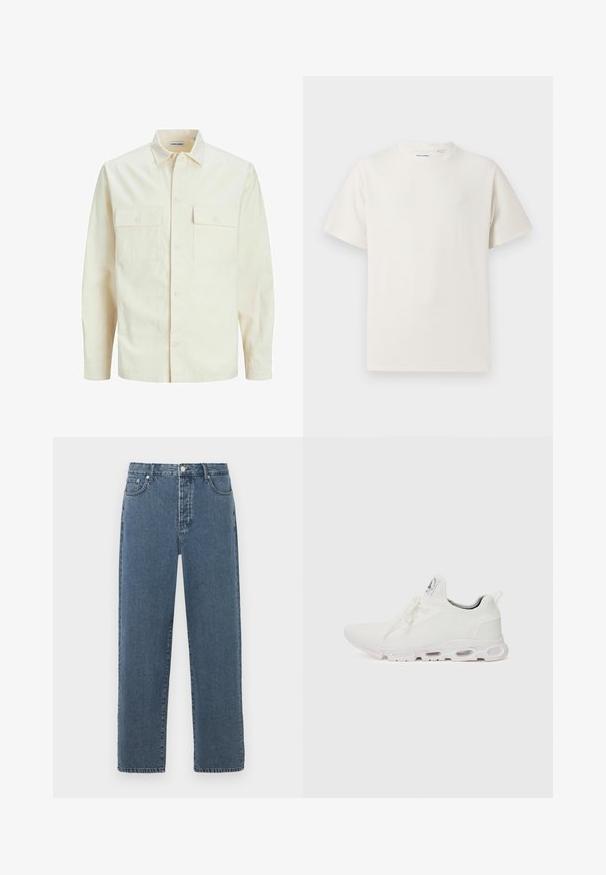 Šviesiai smėlio spalvos ilgomis rankovėmis marškiniai su apykakle, dviem priekinėmis kišenėmis, mygtukų uždarymu ir tekstūruota medžiaga.; Balta trumpa rankovė T-polo marškinėlių su juostelėmis tekstūra. Apvalus iškirpimas, laisvas fasonas, jokių matomų raštų ar akcentų. Paprastas ir universalus dizainas.; Mėlyni džinsai su tiesiu kirpimu, su užtrauktuku, diržo kilpomis ir penkių kišenių dizainu. Audinys turi šiek tiek išblukimo ir tekstūros.; Baltos sportinės detalės batai su tekstūruotu megztu viršumi, plokščiais raišteliais ir paminkštintu padu, kuriame matomos oro kameros papildomam palaikymui.