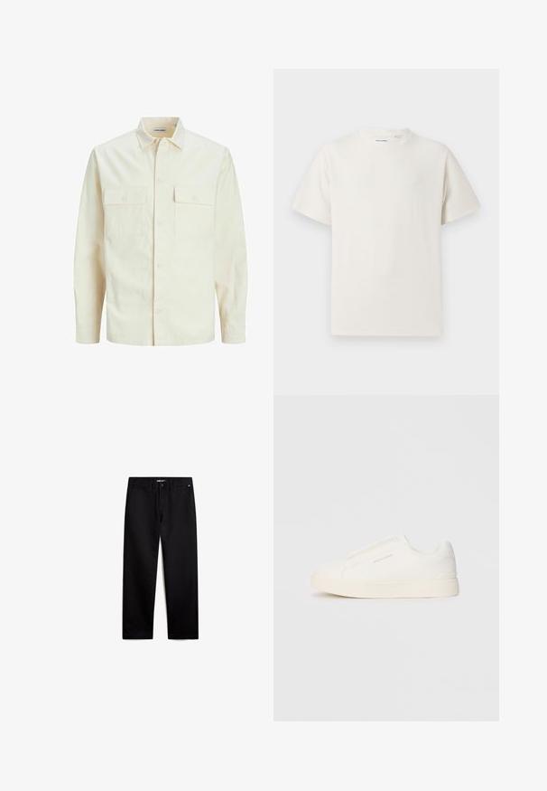 Lichtbeige langemouwen shirt met een kraaghalslijn, twee voorzakken, knoopsluiting en een gestructureerde stof.; Witte korte mouwen T-shirt met ribbelstructuur. Ronde hals, ontspannen pasvorm, geen zichtbare patronen of accenten. Eenvoudig en veelzijdig ontwerp.; Zwarte katoenen broeken met een rechte pasvorm, ritssluiting en voorzakken. Gladde textuur, geen zichtbare patronen en minimale hardware.; Witte instap sneakers met een gestructureerd oppervlak, een dikke zool en een minimalistisch ontwerp. Bevat het merklogo aan de zijkant.