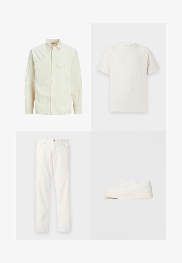 Svetlo bež srajca z dolgimi rokavi, ovratnim izrezom, dvema sprednjima žepoma, zapenjanjem na gumbe in teksturirano tkanino.; Bela majica s kratkimi rokavi iz rebraste tkanine. Okrogli izrez, sproščen kroj, brez vidnih vzorcev ali naglasov. Preprosta in vsestranska zasnova.; Bele kavbojke iz belega denima s ravnim krojem, zasnovo s petimi žepi, zadrgo in gumbom za zapiranje ter diskretno teksturo. Imajo pasne zanke in kontrastno šivanje.; Bele zapete brez vezalk z teksturirano površino, debelim podplatom in minimalističnim dizajnom. Na strani se nahaja logotip blagovne znamke.