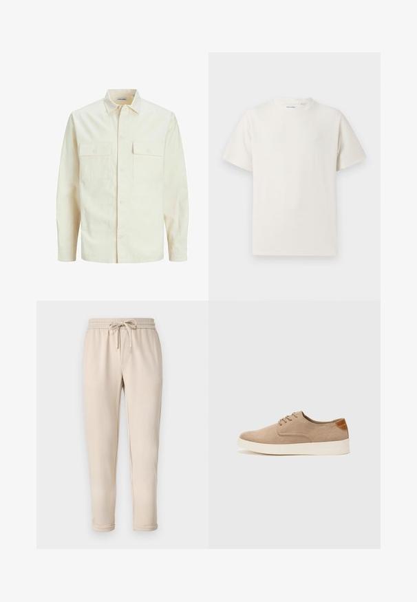 Hellbeige Langarmhemd mit klassischem Kragen, zwei Fronttaschen, Knopfverschluss und strukturiertem Stoff.; Weißes T-Shirt mit kurzen Ärmeln in gerippter Textur. Runder Ausschnitt, lockere Passform, keine sichtbaren Muster oder Akzente. Einfaches und vielseitiges Design.; Beige Jogginghosen mit elastischem Bund und Kordelzug, seitlichen Taschen und schmal zulaufenden Knöcheln. Glatte Textur, lässiges Design.; Beige Wildleder-Sneaker mit runder Zehenpartie, Schnürung und strukturiertem Rückenteil. Die weiße Gummisohle sorgt für einen Kontrast. Einfaches und modernes Design.
