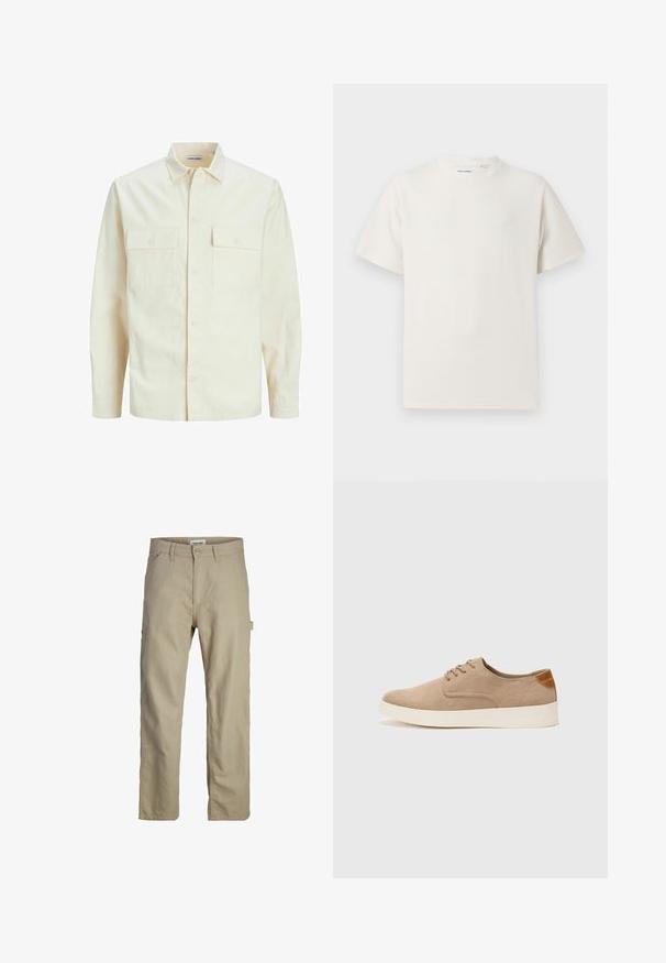 Camicia beige chiaro a maniche lunghe con colletto, due tasche frontali, chiusura a bottoni e un tessuto texturizzato.; T-shirt bianca a maniche corte in texture a coste. Girocollo, vestibilità rilassata, senza modelli o accenti visibili. Design semplice e versatile.; Pantaloni in cotone beige con design a gamba dritta, dotati di chiusura frontale con bottone, passanti per cintura e tasca cargo laterale. Texture liscia.; Sneaker in suede beige con punta arrotondata, stringhe davanti e un accento testurizzato sul retro. La suola in gomma bianca offre un contrasto. Design semplice e moderno.