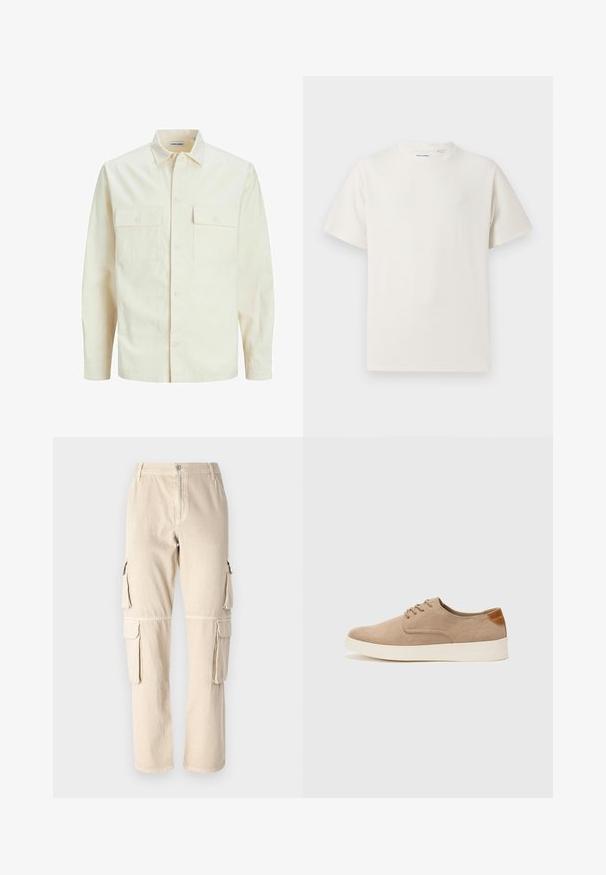 Jasno beżowa koszula z długim rękawem, z kołnierzykiem, dwoma kieszeniami z przodu, zapięciem na guziki i teksturowanym materiałem.; Biała krótka koszulka z krótkim rękawem o żebrowanej fakturze. Okrągły dekolt, luźny krój, brak widocznych wzorów lub akcentów. Prosty i uniwersalny design.; Beżowe spodnie cargo wykonane z bawełny. Posiadają kieszenie boczne, proste nogawki oraz zapięcie na guzik w pasie. Proste detale przeszycia.; Beżowe zamszowe sneakersy z okrągłym noskiem, sznurowanym przodem i teksturowanym akcentem na tyle. Biała gumowa podeszwa tworzy kontrast. Prosty i nowoczesny design.