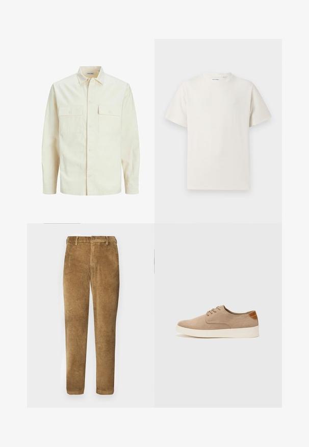 Lys beige langærmet skjorte med krave, to forlommer, knaplukning og et tekstureret stof.; Hvid kortærmet T-shirt i ribbet tekstur. Rund halsudskæring, løs pasform, ingen synlige mønstre eller accenter. Enkel og alsidig design.; Brune corduroy bukser med lodret ribbet tekstur, lige snit, knaplukning og bæltestropper. Glat stof med en blød finish.; Beige ruskinds sneakers med rund tå, snørebånd foran og en struktureret rygdetalje. Hvid gummisål giver kontrast. Enkel og moderne design.