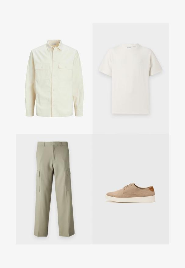 Hellbeige Langarmhemd mit klassischem Kragen, zwei Fronttaschen, Knopfverschluss und strukturiertem Stoff.; Weißes T-Shirt mit kurzen Ärmeln in gerippter Textur. Runder Ausschnitt, lockere Passform, keine sichtbaren Muster oder Akzente. Einfaches und vielseitiges Design.; Hellgrüne Cargo-Hose mit geradem Bein, ausgestattet mit Seitentaschen und einer glatten Stoffoberfläche. Rückansicht gezeigt.; Beige Wildleder-Sneaker mit runder Zehenpartie, Schnürung und strukturiertem Rückenteil. Die weiße Gummisohle sorgt für einen Kontrast. Einfaches und modernes Design.