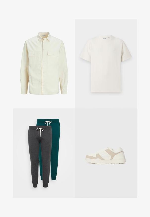 Hellbeige Langarmhemd mit klassischem Kragen, zwei Fronttaschen, Knopfverschluss und strukturiertem Stoff.; Weißes T-Shirt mit kurzen Ärmeln in gerippter Textur. Runder Ausschnitt, lockere Passform, keine sichtbaren Muster oder Akzente. Einfaches und vielseitiges Design.; Zwei Paar Jogginghosen in Anthrazitgrau und Teal, aus weichem Stoff, mit elastischen Bündchen und Kordelzügen in Weiß.; Weiße und beige Sneaker mit einer Kombination aus glatten und Wildleder-Oberflächen, runder Zehenpartie, Schnürverschluss und flacher Gummisohle.