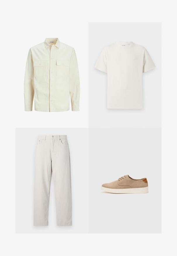 Hellbeige Langarmhemd mit klassischem Kragen, zwei Fronttaschen, Knopfverschluss und strukturiertem Stoff.; Weißes T-Shirt mit kurzen Ärmeln in gerippter Textur. Runder Ausschnitt, lockere Passform, keine sichtbaren Muster oder Akzente. Einfaches und vielseitiges Design.; Helle beige High-Waist-Jeans im geraden Schnitt. Aus dickem Baumwollstoff gefertigt, mit auffälligen Vordertaschen und einem einzelnen Metallknopf.; Beige Wildleder-Sneaker mit runder Zehenpartie, Schnürung und strukturiertem Rückenteil. Die weiße Gummisohle sorgt für einen Kontrast. Einfaches und modernes Design.