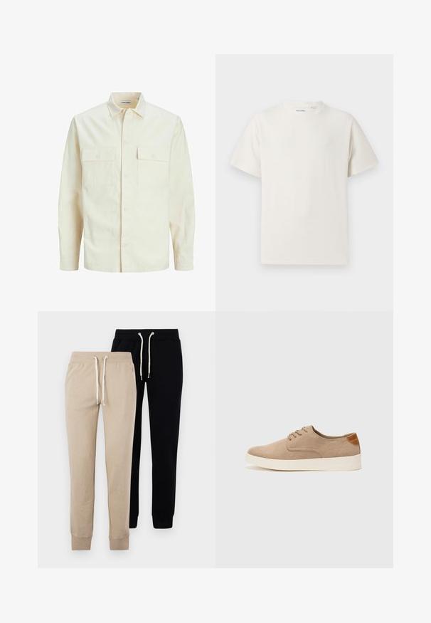 Lichtbeige langemouwen shirt met een kraaghalslijn, twee voorzakken, knoopsluiting en een gestructureerde stof.; Witte korte mouwen T-shirt met ribbelstructuur. Ronde hals, ontspannen pasvorm, geen zichtbare patronen of accenten. Eenvoudig en veelzijdig ontwerp.; Twee paar sweatpants: één beige en één zwart, met elastische boorden en een trekkoord in de taille met zilveren hardwareaccenten.; Beige suède sneakers met een ronde neus, vetersluiting aan de voorkant en een getextureerde achteraccent. De witte rubberen zool zorgt voor contrast. Eenvoudig en modern ontwerp.