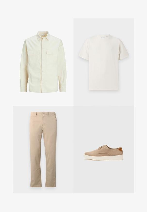 Jasno beżowa koszula z długim rękawem, z kołnierzykiem, dwoma kieszeniami z przodu, zapięciem na guziki i teksturowanym materiałem.; Biała krótka koszulka z krótkim rękawem o żebrowanej fakturze. Okrągły dekolt, luźny krój, brak widocznych wzorów lub akcentów. Prosty i uniwersalny design.; Beżowe chinosy wykonane z bawełny, z prostymi nogawkami, tradycyjnym zapięciem na guziki oraz bocznymi kieszeniami z estetycznym wykończeniem.; Beżowe zamszowe sneakersy z okrągłym noskiem, sznurowanym przodem i teksturowanym akcentem na tyle. Biała gumowa podeszwa tworzy kontrast. Prosty i nowoczesny design.