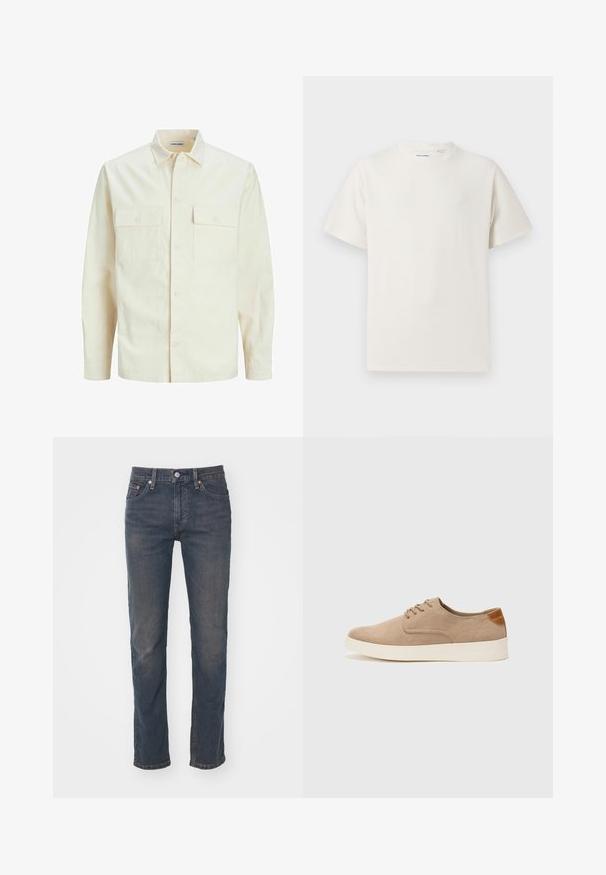 Kergedbež pika-särk pikkade varrukatega, krae ja kahe eespool asuva taskuga, nööpidega kinnitamine ja reljeefne materjal.; Valge lühikeste varrukatega T-särk ribakudumises. Ümar kaelus, mugav lõige, nähtavad mustrid ega aksessuaarid puuduvad. Lihtne ja mitmekesine disain.; Tumedad sinelaste teksad sirge jalaga, millel on vöölõngad, üks nupp ja peene hägune tekstuur.; Beežid nahast tossud ümarate varvastega, paeltega esiosa ja tekstuuriga tagakontuuriga. Valge kummist tallapakkumine loob kontrasti. Lihtne ja kaasaegne disain.