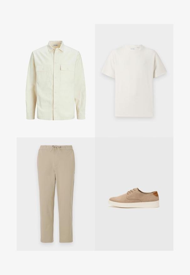 Jasno beżowa koszula z długim rękawem, z kołnierzykiem, dwoma kieszeniami z przodu, zapięciem na guziki i teksturowanym materiałem.; Biała krótka koszulka z krótkim rękawem o żebrowanej fakturze. Okrągły dekolt, luźny krój, brak widocznych wzorów lub akcentów. Prosty i uniwersalny design.; Beżowe spodnie dresowe z elastycznym pasem i sznurkiem, o prostym kroju nogawki i miękkiej, gładkiej teksturze.; Beżowe zamszowe sneakersy z okrągłym noskiem, sznurowanym przodem i teksturowanym akcentem na tyle. Biała gumowa podeszwa tworzy kontrast. Prosty i nowoczesny design.