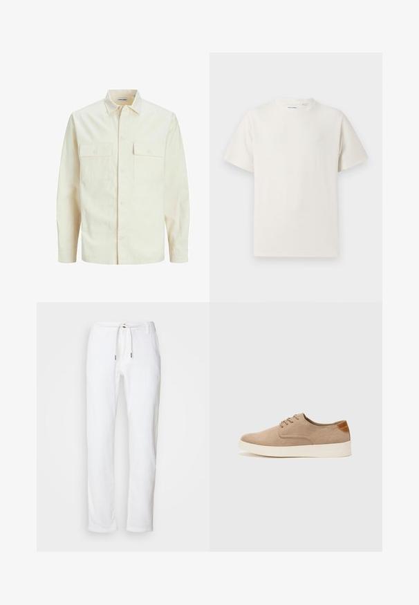 Hellbeige Langarmhemd mit klassischem Kragen, zwei Fronttaschen, Knopfverschluss und strukturiertem Stoff.; Weißes T-Shirt mit kurzen Ärmeln in gerippter Textur. Runder Ausschnitt, lockere Passform, keine sichtbaren Muster oder Akzente. Einfaches und vielseitiges Design.; Weiße Leinenhose mit lockerer Passform, verstellbarem Bund und feiner Textur. Sie hat gerade Beine und Metallspitzen an den Bindebändern.; Beige Wildleder-Sneaker mit runder Zehenpartie, Schnürung und strukturiertem Rückenteil. Die weiße Gummisohle sorgt für einen Kontrast. Einfaches und modernes Design.