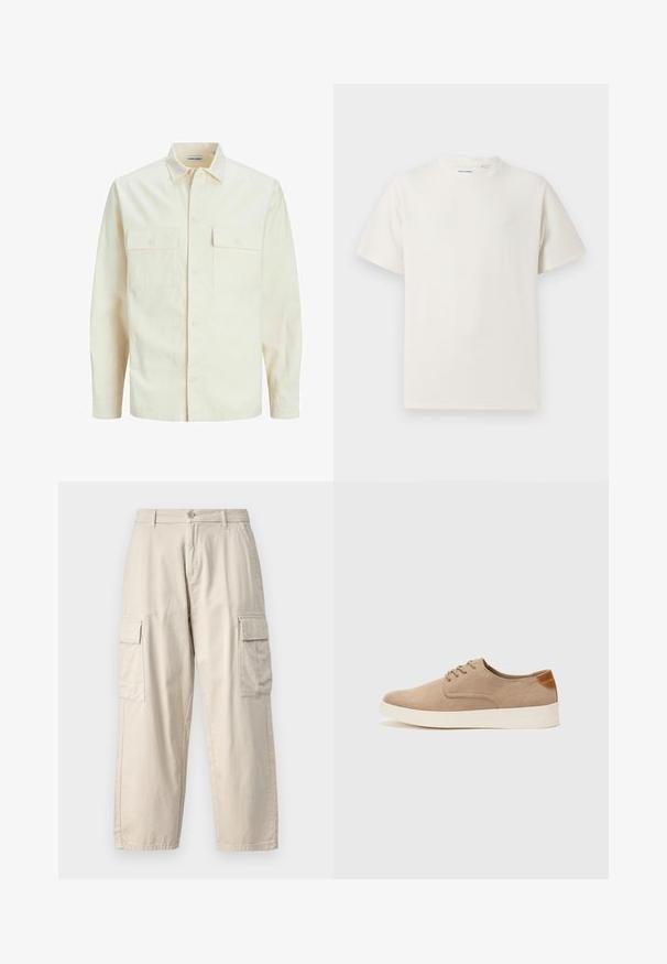 Kergedbež pika-särk pikkade varrukatega, krae ja kahe eespool asuva taskuga, nööpidega kinnitamine ja reljeefne materjal.; Valge lühikeste varrukatega T-särk ribakudumises. Ümar kaelus, mugav lõige, nähtavad mustrid ega aksessuaarid puuduvad. Lihtne ja mitmekesine disain.; Beez värvi cargo püksid, mis on valmistatud puuvillast, külgpocketidega, otsejoonelise disainiga, nööbiga kinnitamisega ning pehme ja tekstuuriga kangaga.; Beežid nahast tossud ümarate varvastega, paeltega esiosa ja tekstuuriga tagakontuuriga. Valge kummist tallapakkumine loob kontrasti. Lihtne ja kaasaegne disain.