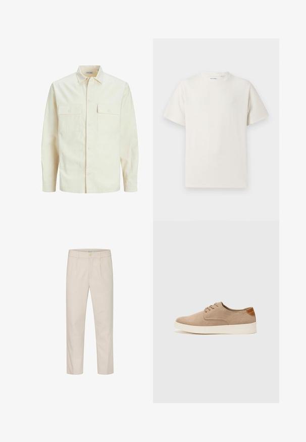 Lichtbeige langemouwen shirt met een kraaghalslijn, twee voorzakken, knoopsluiting en een gestructureerde stof.; Witte korte mouwen T-shirt met ribbelstructuur. Ronde hals, ontspannen pasvorm, geen zichtbare patronen of accenten. Eenvoudig en veelzijdig ontwerp.; Beige broeken gemaakt van een geweven stof met een rechte pasvorm, voorzien van een knoopsluiting aan de voorkant en zijzakken.; Beige suède sneakers met een ronde neus, vetersluiting aan de voorkant en een getextureerde achteraccent. De witte rubberen zool zorgt voor contrast. Eenvoudig en modern ontwerp.