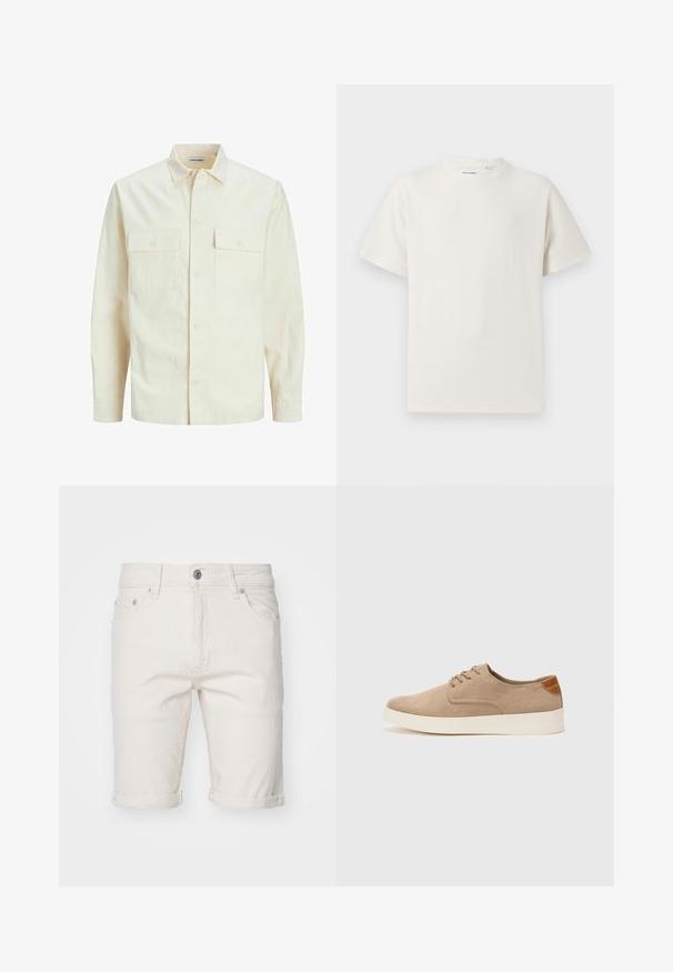 Light beige long-sleeve shirt with a collared neckline, two front pockets, button closure, and a textured fabric.; White short-sleeve T-shirt in a ribbed texture. Round neckline, relaxed fit, no visible patterns or accents. Simple and versatile design.; White cotton denim shorts with rolled cuffs, featuring five pockets, a button closure, and subtle texture.; Beige suede sneakers with a rounded toe, lace-up front, and a textured back accent. White rubber sole provides contrast. Simple and modern design.