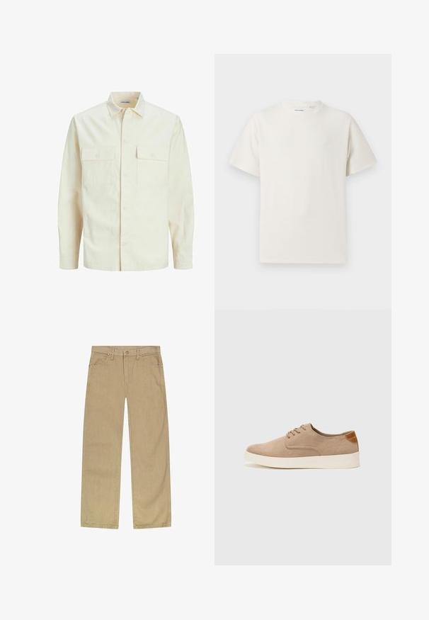 Kergedbež pika-särk pikkade varrukatega, krae ja kahe eespool asuva taskuga, nööpidega kinnitamine ja reljeefne materjal.; Valge lühikeste varrukatega T-särk ribakudumises. Ümar kaelus, mugav lõige, nähtavad mustrid ega aksessuaarid puuduvad. Lihtne ja mitmekesine disain.; Beež puuvillane twill-püksid sirge lõikega, viie taskuga, eesnupu kinnitusega ja vasktooni nurgaga, et tagada vastupidavus.; Beežid nahast tossud ümarate varvastega, paeltega esiosa ja tekstuuriga tagakontuuriga. Valge kummist tallapakkumine loob kontrasti. Lihtne ja kaasaegne disain.