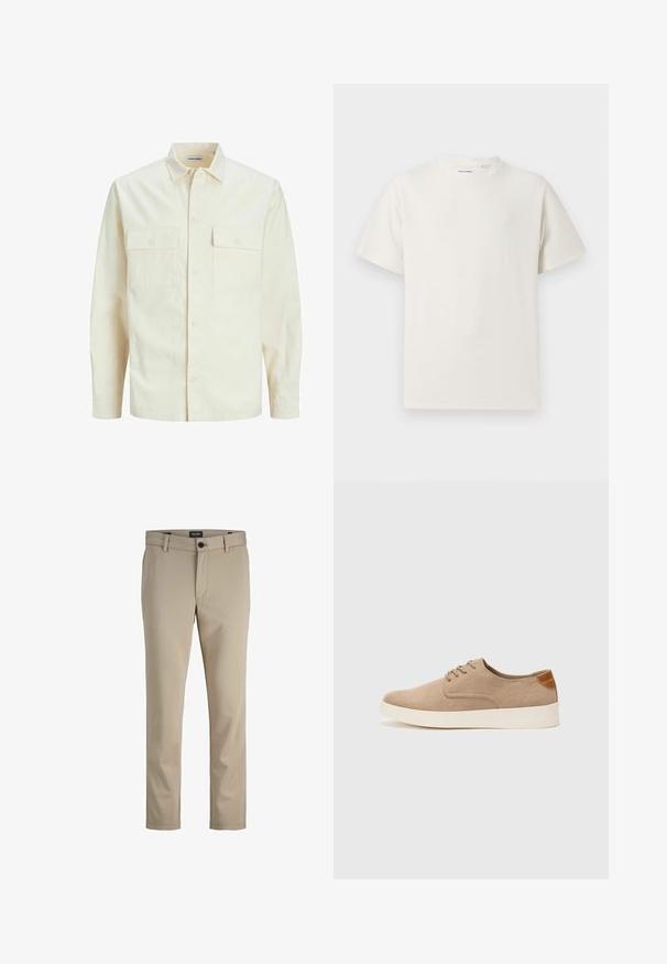 Light beige long-sleeve shirt with a collared neckline, two front pockets, button closure, and a textured fabric.; White short-sleeve T-shirt in a ribbed texture. Round neckline, relaxed fit, no visible patterns or accents. Simple and versatile design.; Beige trousers made from a smooth fabric, featuring a flat front, button closure, and straight legs with subtle stitching details.; Beige suede sneakers with a rounded toe, lace-up front, and a textured back accent. White rubber sole provides contrast. Simple and modern design.