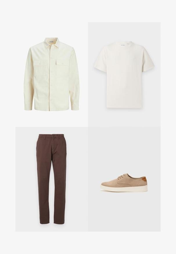 Kergedbež pika-särk pikkade varrukatega, krae ja kahe eespool asuva taskuga, nööpidega kinnitamine ja reljeefne materjal.; Valge lühikeste varrukatega T-särk ribakudumises. Ümar kaelus, mugav lõige, nähtavad mustrid ega aksessuaarid puuduvad. Lihtne ja mitmekesine disain.; Pruunist puuvillast valmistatud chino-püksid sirge jala kujundusega, millel on ees nööbijõud ja küljetaskud. Sujuv tekstuur klassikalise lõikega.; Beežid nahast tossud ümarate varvastega, paeltega esiosa ja tekstuuriga tagakontuuriga. Valge kummist tallapakkumine loob kontrasti. Lihtne ja kaasaegne disain.