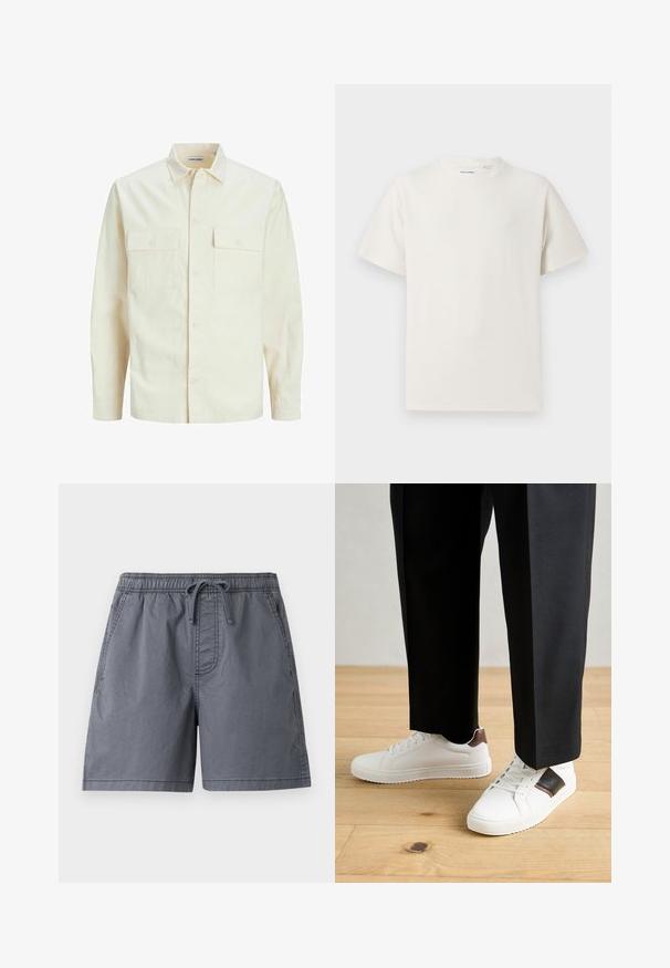 Svetlo béžová košeľa s dlhým rukávom, s golierom, dvoma prednými vreckami, zapínaním na gombíky a textúrovanou látkou.; Biela krátka tričko s krátkym rukávom so žebrovanou textúrou. Okrúhly výstrih, uvoľnený strih, žiadne viditeľné vzory ani akcenty. Jednoduchý a všestranný dizajn.; Sivé plavky vyrobené z ľahkého materiálu, s elastickým pásom so šnúrkou, bočnými vreckami a uvoľneným strihom.; Biele tenisky s hladkým povrchom, s hnedými koženými akcentmi a čiernymi detailmi, spárované s čiernymi elegantnými nohavicami. Pozadím je drevená podlaha.