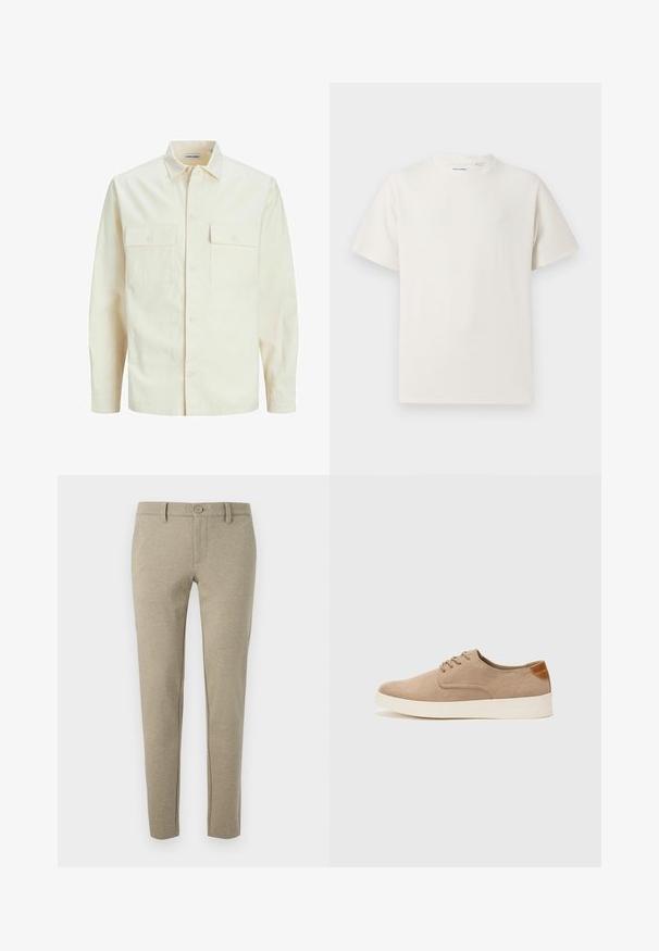 Lichtbeige langemouwen shirt met een kraaghalslijn, twee voorzakken, knoopsluiting en een gestructureerde stof.; Witte korte mouwen T-shirt met ribbelstructuur. Ronde hals, ontspannen pasvorm, geen zichtbare patronen of accenten. Eenvoudig en veelzijdig ontwerp.; Beige broek van getextureerd materiaal, met een knoopsluiting en taps toelopende pijpen, voorzien van zijzakken en subtiele stikdetails.; Beige suède sneakers met een ronde neus, vetersluiting aan de voorkant en een getextureerde achteraccent. De witte rubberen zool zorgt voor contrast. Eenvoudig en modern ontwerp.