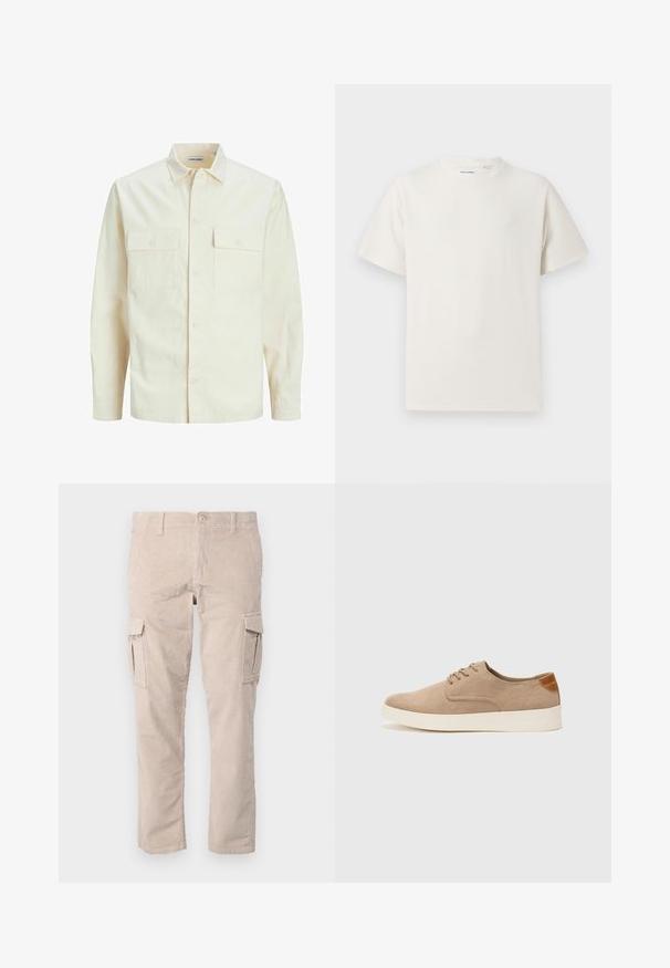 Světle béžová košile s dlouhým rukávem, límečkem, dvěma předními kapsami, zapínáním na knoflíky a strukturovanou tkaninou.; Bílý krátký rukáv tričko s pružnou strukturou. Kulatý výstřih, volný střih, bez viditelných vzorů nebo detailů. Jednoduchý a univerzální design.; Béžové kordové cargo kalhoty s rovnými nohavicemi, které mají boční kapsy a texturovaný povrch. Zapínání na knoflík v pase.; Béžové semišové tenisky s kulatou špičkou, šněrováním vpředu a texturovaným zadním akcentem. Bílá gumová podrážka poskytuje kontrast. Jednoduchý a moderní design.