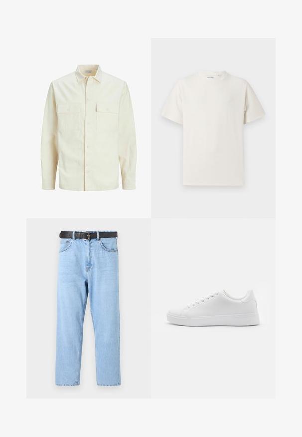 Camisa de manga larga color beige claro con cuello, dos bolsillos frontales, cierre de botones y una tela texturizada.; Camiseta blanca de manga corta en textura acanalada. Cuello redondo, corte relajado, sin patrones ni acentos visibles. Diseño simple y versátil.; Vaqueros de denim azul claro con un diseño de pierna recta. Presenta un cinturón negro con una hebilla de plata, costuras visibles y un estilo clásico de cinco bolsillos.; Zapatillas blancas con parte superior sintética suave, puntera redondeada, seis ojales para los cordones y suela de goma de perfil bajo con detalles texturizados.