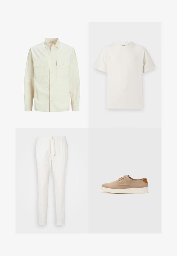 Svetlo bež srajca z dolgimi rokavi, ovratnim izrezom, dvema sprednjima žepoma, zapenjanjem na gumbe in teksturirano tkanino.; Bela majica s kratkimi rokavi iz rebraste tkanine. Okrogli izrez, sproščen kroj, brez vidnih vzorcev ali naglasov. Preprosta in vsestranska zasnova.; Beli lanene hlače z elastičnim pasom, gumbom in ozkim krojem. Gladka tekstura z minimalnimi detajli in brez vidnih vzorcev.; Bež tkanine usnjene superge z zaobljenim nosom, vezalkami na sprednji strani in teksturiranim zadnjim detajlom. Belo gumijasto podplato zagotavlja kontrast. Enostaven in sodoben dizajn.