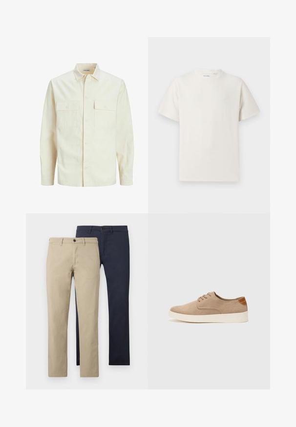 Light beige long-sleeve shirt with a collared neckline, two front pockets, button closure, and a textured fabric.; White short-sleeve T-shirt in a ribbed texture. Round neckline, relaxed fit, no visible patterns or accents. Simple and versatile design.; Khaki and navy chinos displayed side by side. Both have a straight-leg cut, flat front design, and single button closure. Cotton fabric texture.; Beige suede sneakers with a rounded toe, lace-up front, and a textured back accent. White rubber sole provides contrast. Simple and modern design.