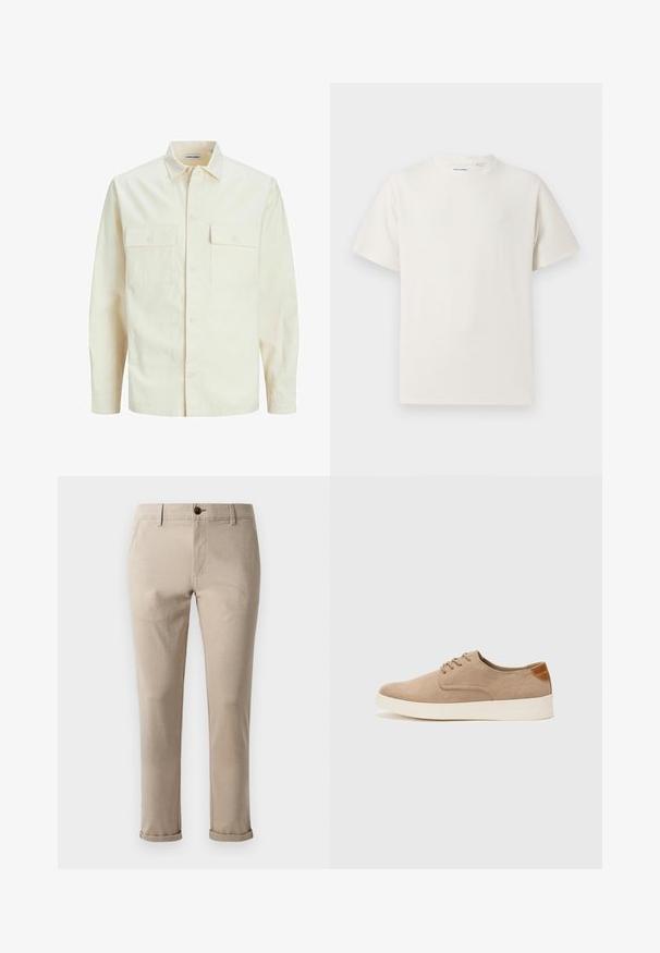 Svetlo béžová košeľa s dlhým rukávom, s golierom, dvoma prednými vreckami, zapínaním na gombíky a textúrovanou látkou.; Biela krátka tričko s krátkym rukávom so žebrovanou textúrou. Okrúhly výstrih, uvoľnený strih, žiadne viditeľné vzory ani akcenty. Jednoduchý a všestranný dizajn.; Jack & Jones JPSTMARCO JJFURY ANA - Nohavice chinos - atmosphere; Béžové semišové tenisky s okrúhlou špičkou, šnurovaním vpredu a textúrovaným zadným akcentom. Biela gumová podrážka poskytuje kontrast. Jednoduchý a moderný dizajn.