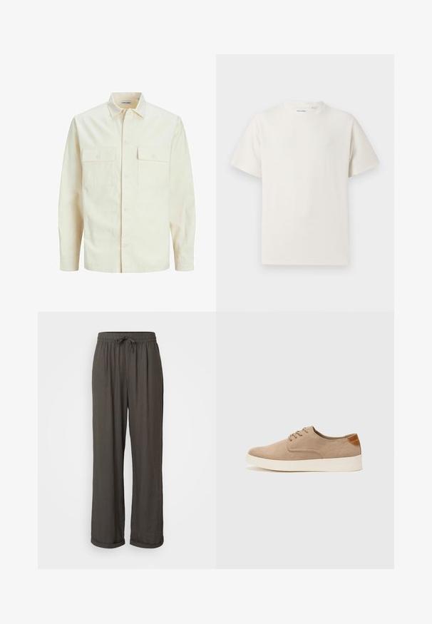 Light beige long-sleeve shirt with a collared neckline, two front pockets, button closure, and a textured fabric.; White short-sleeve T-shirt in a ribbed texture. Round neckline, relaxed fit, no visible patterns or accents. Simple and versatile design.; Dark gray wide-leg pants with a drawstring waist, made of a soft, textured fabric, featuring rolled cuffs at the ankles.; Beige suede sneakers with a rounded toe, lace-up front, and a textured back accent. White rubber sole provides contrast. Simple and modern design.
