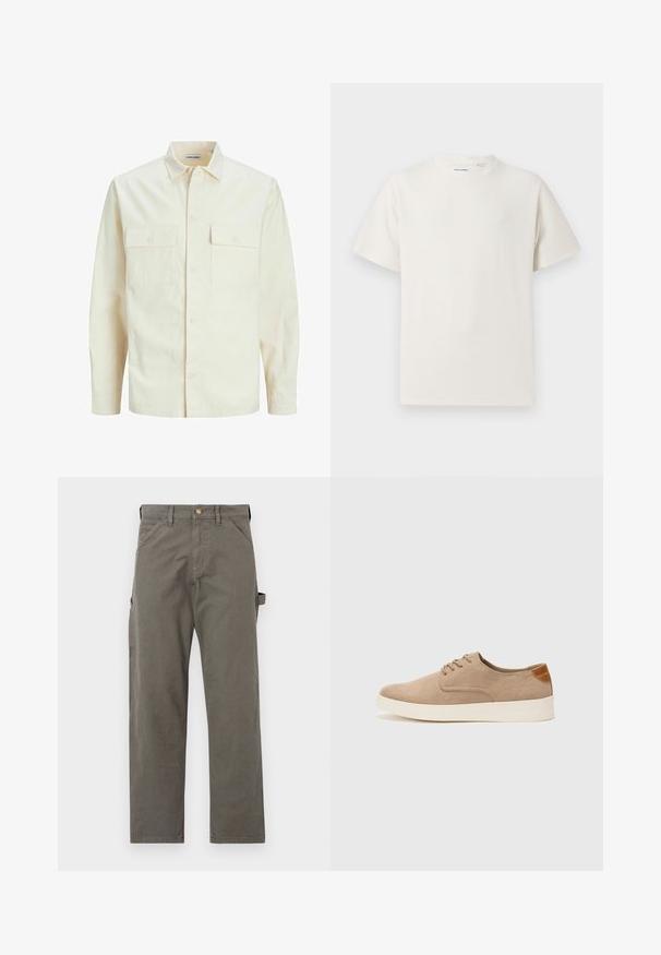 Világos bézs színű, hosszú ujjú ing, galléros nyakkal, két elülső zsebbel, gombos záródással és struktúrált anyaggal.; Fehér, rövid ujjú póló bordázott textúrával. Kerek nyakkivágás, laza szabás, nincs látható minta vagy díszítés. Egyszerű és sokoldalú dizájn.; Sötét szürke pamut cargo nadrág, egyenes szárú, oldalsó zsebekkel és gombos derékzárral. Sima textúra, minimális részletezés.; Beige velúr sportcipő, kerek orral, fűzős elülső résszel és textúrált hátsó részlettel. Fehér gumitalp kontrasztot ad. Egyszerű és modern design.