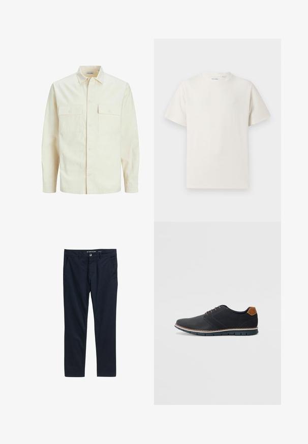 Világos bézs színű, hosszú ujjú ing, galléros nyakkal, két elülső zsebbel, gombos záródással és struktúrált anyaggal.; Fehér, rövid ujjú póló bordázott textúrával. Kerek nyakkivágás, laza szabás, nincs látható minta vagy díszítés. Egyszerű és sokoldalú dizájn.; Tengerészi pamut nadrág, egyenes szabással, oldalsó zsebekkel, övfeszítőkkel és gombos záródással a deréknál. Sima textúra.; Fekete szintetikus cipők, textúrált felsőrésszel, sima díszítésekkel, barna sarkával és kontrasztos talppal. Minimális fűzéssel és varrási részletekkel rendelkezik.