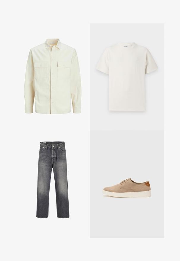 Svetlo bež srajca z dolgimi rokavi, ovratnim izrezom, dvema sprednjima žepoma, zapenjanjem na gumbe in teksturirano tkanino.; Bela majica s kratkimi rokavi iz rebraste tkanine. Okrogli izrez, sproščen kroj, brez vidnih vzorcev ali naglasov. Preprosta in vsestranska zasnova.; Denim jeans v barvni tonu bledo črne, z ravnim rezom, petimi žepi in kovinskim gumbom za zapiranje v pasu.; Bež tkanine usnjene superge z zaobljenim nosom, vezalkami na sprednji strani in teksturiranim zadnjim detajlom. Belo gumijasto podplato zagotavlja kontrast. Enostaven in sodoben dizajn.