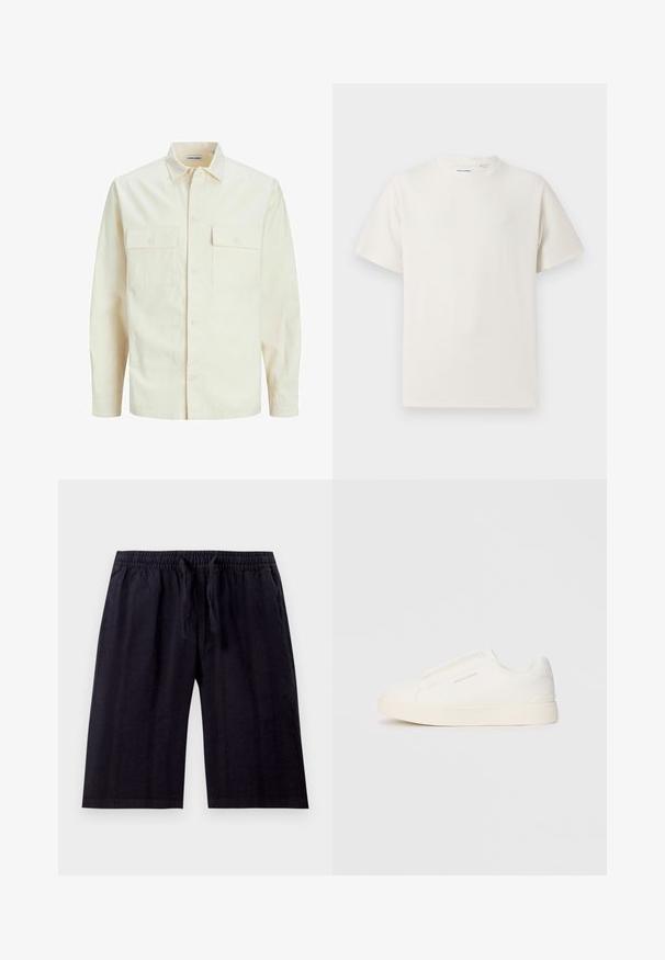 Lichtbeige langemouwen shirt met een kraaghalslijn, twee voorzakken, knoopsluiting en een gestructureerde stof.; Witte korte mouwen T-shirt met ribbelstructuur. Ronde hals, ontspannen pasvorm, geen zichtbare patronen of accenten. Eenvoudig en veelzijdig ontwerp.; Zwarte, knielange shorts van lichtgewicht stof. Voorzien van een elastische tailleband met trekkoord en een gladde textuur. Eenvoudig ontwerp.; Witte instap sneakers met een gestructureerd oppervlak, een dikke zool en een minimalistisch ontwerp. Bevat het merklogo aan de zijkant.