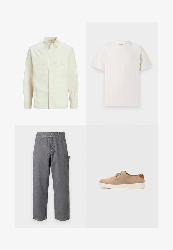 Světle béžová košile s dlouhým rukávem, límečkem, dvěma předními kapsami, zapínáním na knoflíky a strukturovanou tkaninou.; Bílý krátký rukáv tričko s pružnou strukturou. Kulatý výstřih, volný střih, bez viditelných vzorů nebo detailů. Jednoduchý a univerzální design.; Pruhované kalhoty vyrobené z bavlněné směsi, s vertikálními černobílými pruhy, s knoflíkovým zapínáním a designem bočních kapes.; Béžové semišové tenisky s kulatou špičkou, šněrováním vpředu a texturovaným zadním akcentem. Bílá gumová podrážka poskytuje kontrast. Jednoduchý a moderní design.