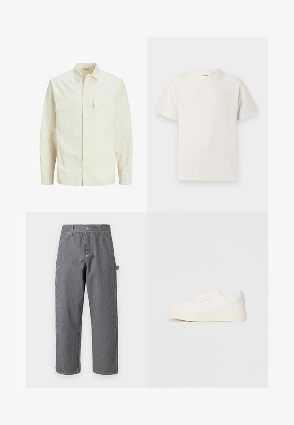 Kergedbež pika-särk pikkade varrukatega, krae ja kahe eespool asuva taskuga, nööpidega kinnitamine ja reljeefne materjal.; Valge lühikeste varrukatega T-särk ribakudumises. Ümar kaelus, mugav lõige, nähtavad mustrid ega aksessuaarid puuduvad. Lihtne ja mitmekesine disain.; Triibulised püksid, mis on valmistatud puuvilla segakangast, koosnevad vertikaalsetest mustadest ja valgetest triipudest, nupuga kinnitamisest ning küljetaskute kujundusest.; Valged libisemiskindlad tossud tekstuuriga pinnaga, paksu tallaga ja minimalistikus disainis. Küljel on brändi logo.