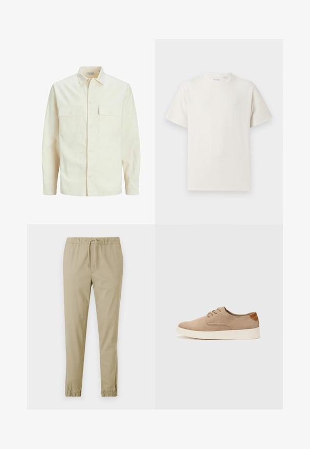 Hellbeige Langarmhemd mit klassischem Kragen, zwei Fronttaschen, Knopfverschluss und strukturiertem Stoff.; Weißes T-Shirt mit kurzen Ärmeln in gerippter Textur. Runder Ausschnitt, lockere Passform, keine sichtbaren Muster oder Akzente. Einfaches und vielseitiges Design.; Hellbeige, leicht taillierte Hose mit elastischem Bund und Kordelzug. Glattes Baumwollmaterial mit elastischen Bündchen an den Knöcheln.; Beige Wildleder-Sneaker mit runder Zehenpartie, Schnürung und strukturiertem Rückenteil. Die weiße Gummisohle sorgt für einen Kontrast. Einfaches und modernes Design.