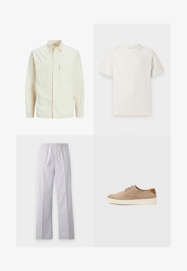Cămașă lungă cu mâneci lungi de culoare bej deschis, cu guler, două buzunare frontale, închidere cu butoane și un material texturat.; Tricou alb cu maneci scurte, dintr-un material ribbed. Guler rotund, croi lejer, fără modele sau accente vizibile. Design simplu și versatil.; Pantaloni argintii, cu picior larg și talie elastică, realizați dintr-un material țesut neted. Caracteristici cute bine călcate pe față.; Tenisi din suede bej cu vârf rotund, sistem de șireturi în față și un accent texturat în spate. Talpa albă din cauciuc oferă un contrast. Design simplu și modern.