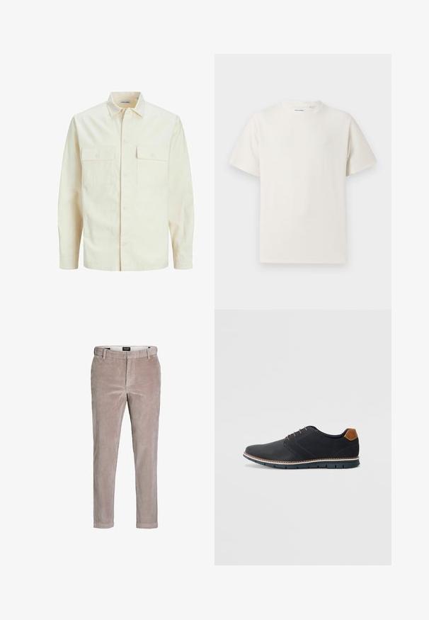 Chemise longue à manches longues beige clair avec un col, deux poches frontales, fermeture à boutons et un tissu texturé.; T-shirt blanc à manches courtes en texture côtelée. Encolure ronde, coupe décontractée, sans motifs ni accents visibles. Design simple et polyvalent.; Pantalons en velours côtelé slim fit marron clair avec fermeture à bouton et passants de ceinture, conçus pour un usage décontracté ou semi-formel.; Chaussures synthétiques noires avec un dessus texturé, accents lisses, talon marron et semelle contrastante. Présente un laçage minimal et des détails de couture.