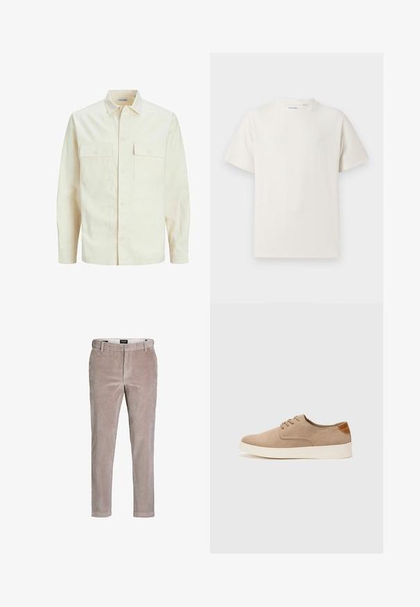 Camisa de manga larga color beige claro con cuello, dos bolsillos frontales, cierre de botones y una tela texturizada.; Camiseta blanca de manga corta en textura acanalada. Cuello redondo, corte relajado, sin patrones ni acentos visibles. Diseño simple y versátil.; Pantalones de pana slim-fit en marrón claro con cierre de botón y trabillas para cinturón, diseñados para uso casual o semi-formal.; Zapatillas de ante beige con puntera redondeada, cordones en la parte delantera y un acento texturizado en la parte trasera. La suela de goma blanca proporciona contraste. Diseño sencillo y moderno.