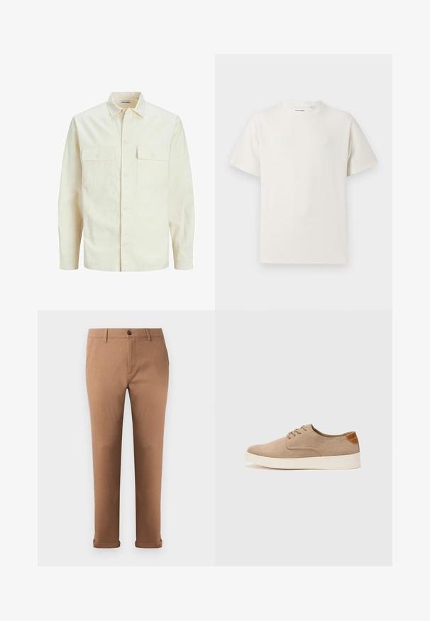 Hellbeige Langarmhemd mit klassischem Kragen, zwei Fronttaschen, Knopfverschluss und strukturiertem Stoff.; Weißes T-Shirt mit kurzen Ärmeln in gerippter Textur. Runder Ausschnitt, lockere Passform, keine sichtbaren Muster oder Akzente. Einfaches und vielseitiges Design.; Braune Baumwollhose mit geradem Schnitt, ausgestattet mit einem Knopfverschluss vorne, Gürtelschlaufen und umgeschlagenen Säumen.; Beige Wildleder-Sneaker mit runder Zehenpartie, Schnürung und strukturiertem Rückenteil. Die weiße Gummisohle sorgt für einen Kontrast. Einfaches und modernes Design.