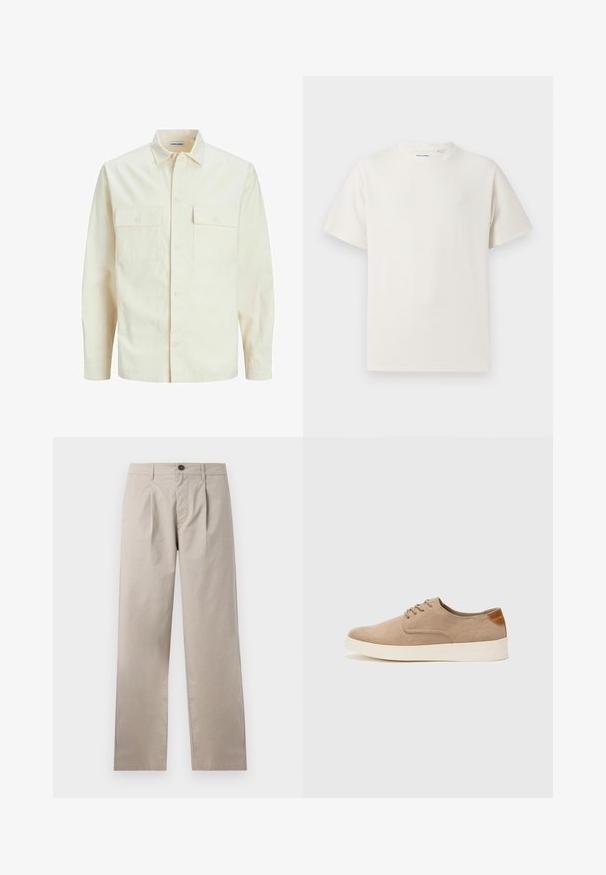 Kergedbež pika-särk pikkade varrukatega, krae ja kahe eespool asuva taskuga, nööpidega kinnitamine ja reljeefne materjal.; Valge lühikeste varrukatega T-särk ribakudumises. Ümar kaelus, mugav lõige, nähtavad mustrid ega aksessuaarid puuduvad. Lihtne ja mitmekesine disain.; Bež püksid otse säärega, millel on üks volang, neli taskut ja eesmine nööp sulgemiseks, valmistatud kergest puuvillast kangast.; Beežid nahast tossud ümarate varvastega, paeltega esiosa ja tekstuuriga tagakontuuriga. Valge kummist tallapakkumine loob kontrasti. Lihtne ja kaasaegne disain.