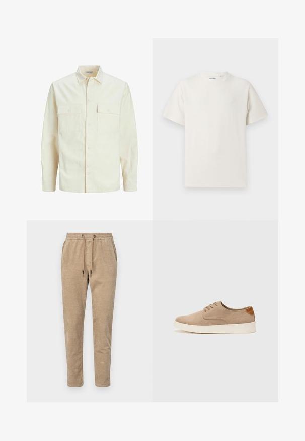 Light beige long-sleeve shirt with a collared neckline, two front pockets, button closure, and a textured fabric.; White short-sleeve T-shirt in a ribbed texture. Round neckline, relaxed fit, no visible patterns or accents. Simple and versatile design.; Corduroy jogger pants in light beige, featuring an elastic waistband with drawstrings, tapered legs, and a ribbed texture.; Beige suede sneakers with a rounded toe, lace-up front, and a textured back accent. White rubber sole provides contrast. Simple and modern design.