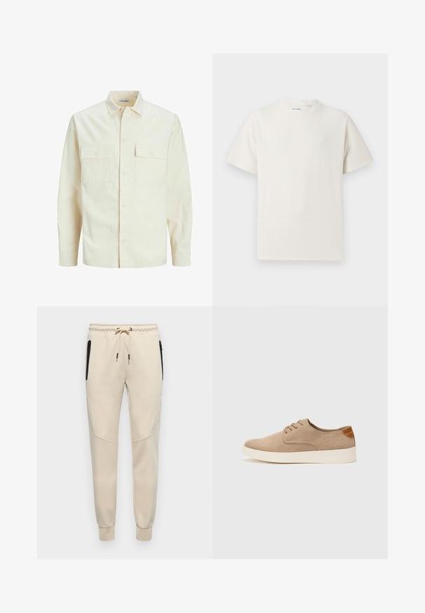 Šviesiai smėlio spalvos ilgomis rankovėmis marškiniai su apykakle, dviem priekinėmis kišenėmis, mygtukų uždarymu ir tekstūruota medžiaga.; Balta trumpa rankovė T-polo marškinėlių su juostelėmis tekstūra. Apvalus iškirpimas, laisvas fasonas, jokių matomų raštų ar akcentų. Paprastas ir universalus dizainas.; Šviesiai smėlio spalvos sportinės kelnės su raišteliu juosmens srityje, šoninėmis užtrauktukais ir siaurėjančiais rankogaliais, su tekstūriniais akcentais šoniniuose skydeliuose.; Bežiniai zomšiniai sportbačiai su apvaliomis pirštų dalimis, raišteliais priekyje ir tekstūruotu užkulniu. Balta guma suteikia kontrastą. Paprastas ir modernus dizainas.