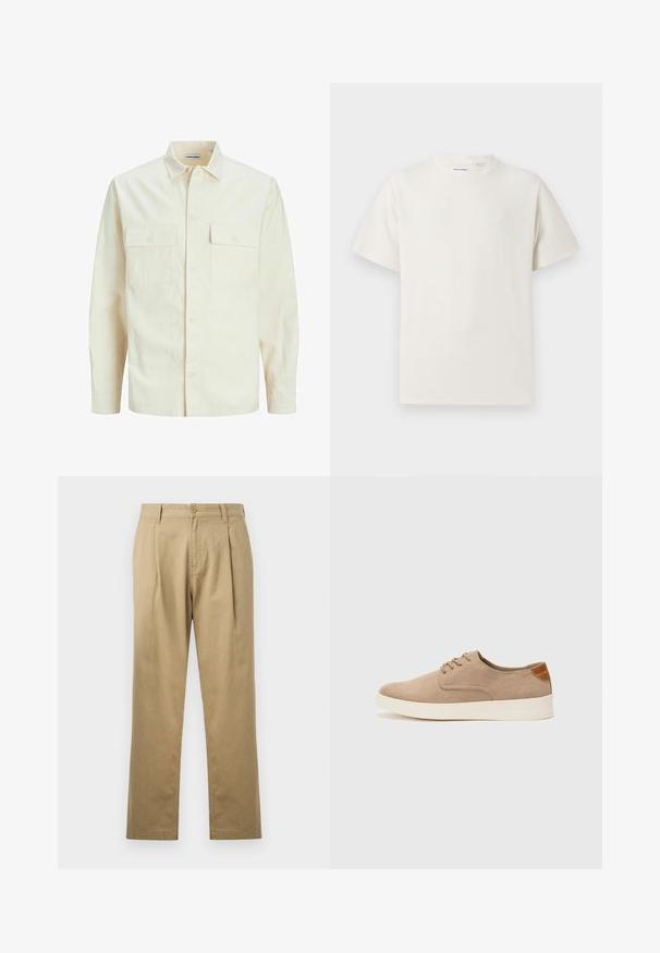 Világos bézs színű, hosszú ujjú ing, galléros nyakkal, két elülső zsebbel, gombos záródással és struktúrált anyaggal.; Fehér, rövid ujjú póló bordázott textúrával. Kerek nyakkivágás, laza szabás, nincs látható minta vagy díszítés. Egyszerű és sokoldalú dizájn.; Beige chinos, egyenes szárú, plettelt elöl, és gombos záródással. Simább textúra és standard derékpánt tervezés.; Beige velúr sportcipő, kerek orral, fűzős elülső résszel és textúrált hátsó részlettel. Fehér gumitalp kontrasztot ad. Egyszerű és modern design.