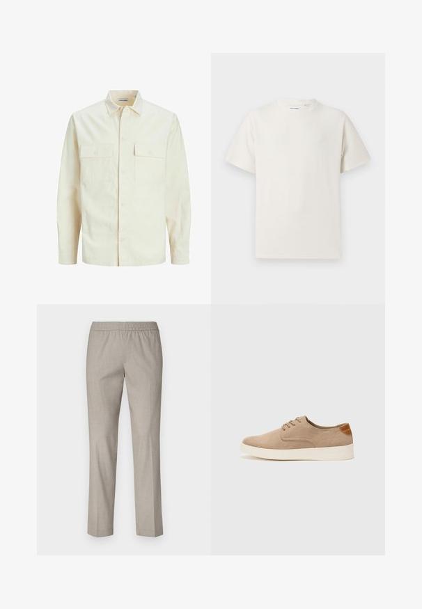 Svijetlo bež košulja dugih rukava s ovratnikom, dva prednja džepa, zatvaranje na dugmad i teksturirani materijal.; Bijela kratka majica s kratkim rukavima u rebrastoj teksturi. Okrugli izrez, ležeran kroj, bez vidljivih uzoraka ili akcenta. Jednostavan i svestran dizajn.; Svijetlosive hlače s elastičnom trakom u struku, ravnog kroja, izrađene od glatkog materijala. Bez vidljivih uzoraka ili metalnih detalja.; Bež nubuk tenisice s okruglim vrhom, vezanjem sprijeda i teksturiranim stražnjim naglaskom. Bijela gumena potpetica pruža kontrast. Jednostavan i moderan dizajn.