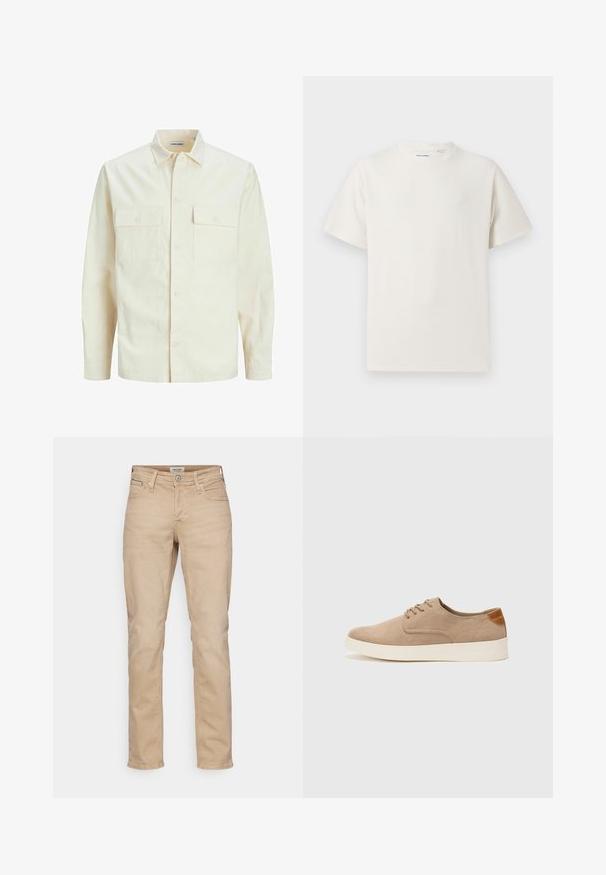 Gai bēšs garām piedurknēm krekls ar apkakles izgriezumu, divām priekšējām kabatām, pogu aizdari un teksturētu audumu.; Balta krūštura īsām piedurknēm ar ribota auduma faktūru. Apaļš kakla izgriezums, brīvs griezums, bez redzamām rakstām vai akcentiem. Vienkāršs un daudzpusīgs dizains.; Beige džinsu bikses ar taisnu kāju griezumu. Iezīmēts ar priekšēju pogu aizdari, jostas cilpiņām, piecām kabatām un vieglu nolietojuma tekstūru.; Beige zamšādas kedas ar noapaļotu purngala daļu, auklēm saplacinātu priekšpusi un teksturētu aizmugures akcentu. Balta gumijas zole nodrošina kontrastu. Vienkāršs un mūsdienīgs dizains.