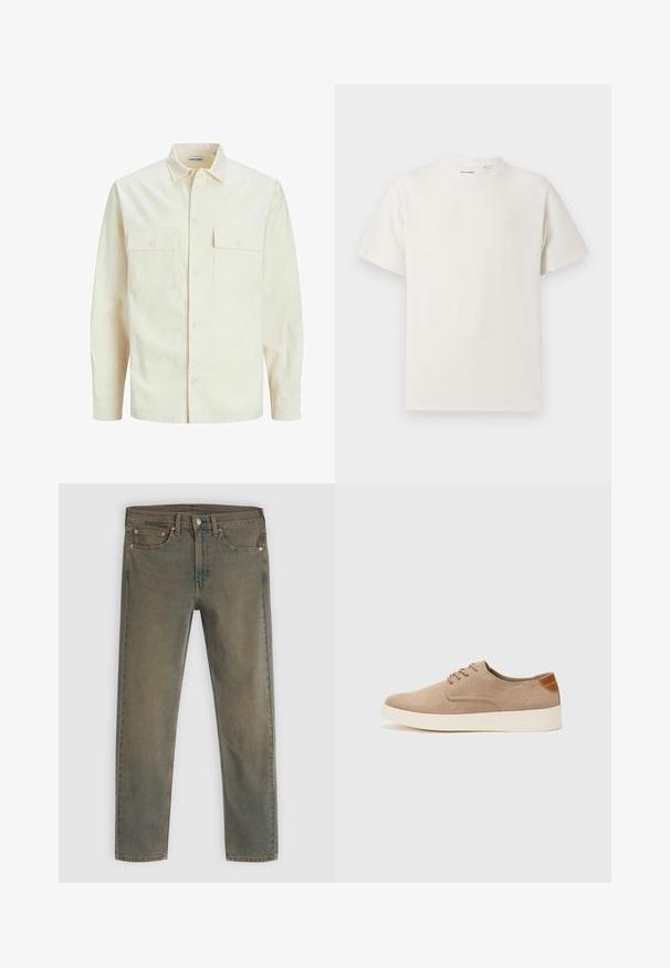 Svijetlo bež košulja dugih rukava s ovratnikom, dva prednja džepa, zatvaranje na dugmad i teksturirani materijal.; Bijela kratka majica s kratkim rukavima u rebrastoj teksturi. Okrugli izrez, ležeran kroj, bez vidljivih uzoraka ili akcenta. Jednostavan i svestran dizajn.; Tamnozelene traperice s ravnim nogavicama, pet džepova i bakrenim detaljima. Isprani izgled dodaje dojam nošenja.; Bež nubuk tenisice s okruglim vrhom, vezanjem sprijeda i teksturiranim stražnjim naglaskom. Bijela gumena potpetica pruža kontrast. Jednostavan i moderan dizajn.
