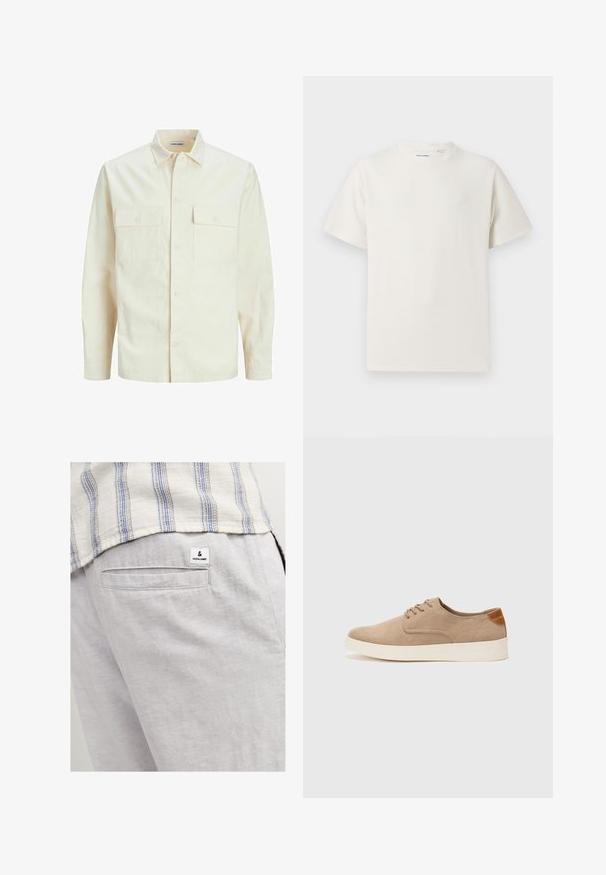 Chemise longue à manches longues beige clair avec un col, deux poches frontales, fermeture à boutons et un tissu texturé.; T-shirt blanc à manches courtes en texture côtelée. Encolure ronde, coupe décontractée, sans motifs ni accents visibles. Design simple et polyvalent.; Pantalon en lin gris clair avec une poche arrière et une petite étiquette de marque. Le tissu a une apparence douce et texturée.; Baskets en daim beige avec un embout arrondi, un laçage sur le devant et un accent texturé à l'arrière. La semelle en caoutchouc blanche offre un contraste. Design simple et moderne.