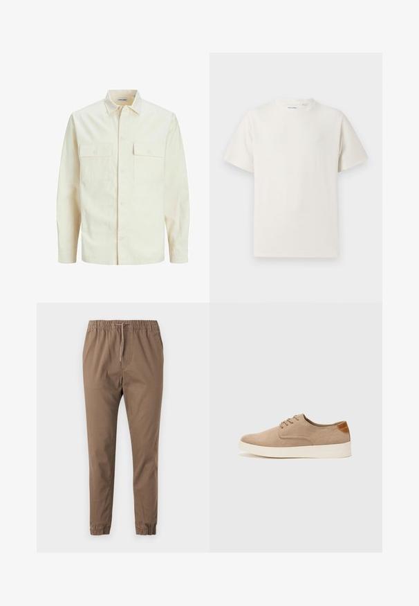 Chemise longue à manches longues beige clair avec un col, deux poches frontales, fermeture à boutons et un tissu texturé.; T-shirt blanc à manches courtes en texture côtelée. Encolure ronde, coupe décontractée, sans motifs ni accents visibles. Design simple et polyvalent.; Pantalons bruns à taille élastique avec cordon de serrage réglable, jambes fuselées et ourlets à revers. Tissu doux avec une texture lisse et sans motifs visibles.; Baskets en daim beige avec un embout arrondi, un laçage sur le devant et un accent texturé à l'arrière. La semelle en caoutchouc blanche offre un contraste. Design simple et moderne.